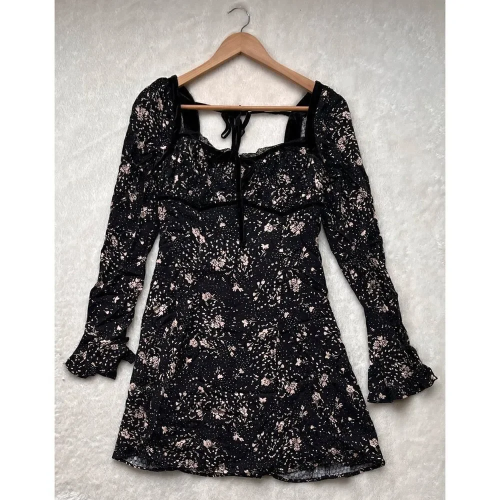 NWT Free People Tess Floral Print Long Sleeve Mini Dress in Black Combo, Size XS